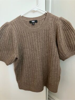 PAIGE Taupe Puff Sleeve Cable Knit Crewneck Sweater